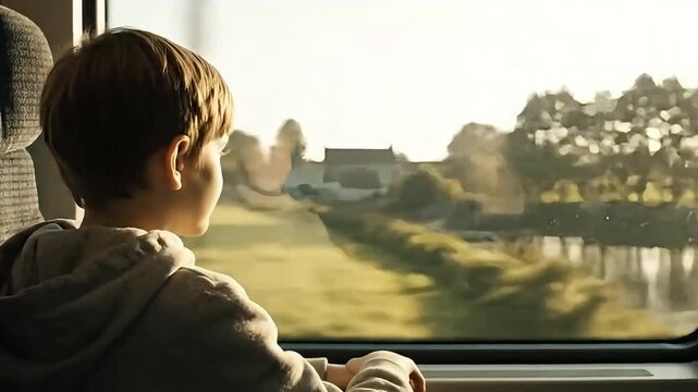 Young thoughtful boy looking out the window of a moving train