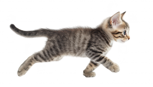 A playful tabby kitten trots gracefully across a bright white background. its lively spirit and adorable features. perfect for pet-related content or animal photography