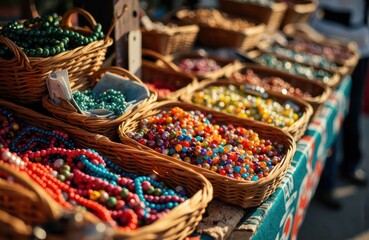Fototapeta premium Colorful beads displayed in wicker baskets at an outdoor market stall