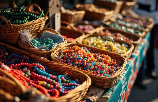 Colorful beads displayed in wicker baskets at an outdoor market stall