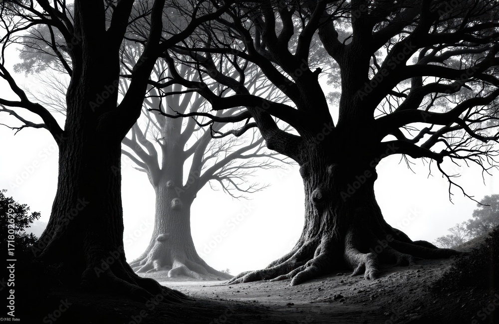 Poster ancient trees with thick trunks and sprawling branches in a misty forest scene