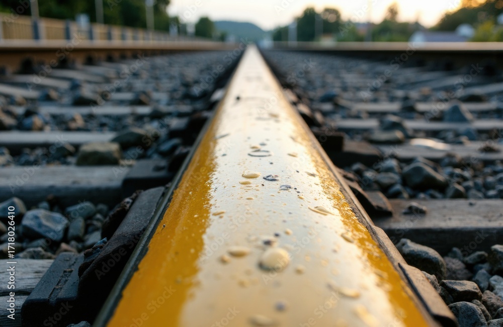 Poster a close-up view of a wet railway track with water droplets on the rail surface