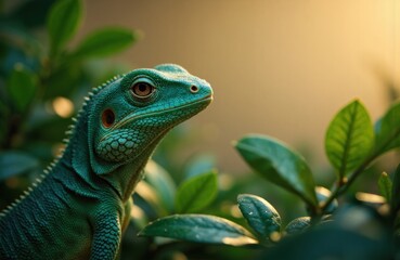 Obraz premium Woman observing a vibrant green iguana among lush foliage in natural sunlight
