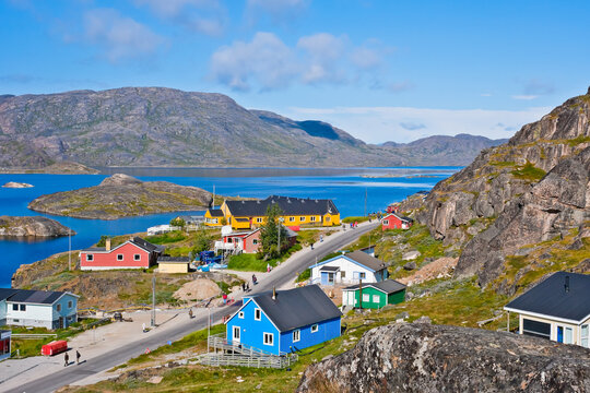 Top view of cityscape of Qaqortoq and Tasersuaq lake Greenland 