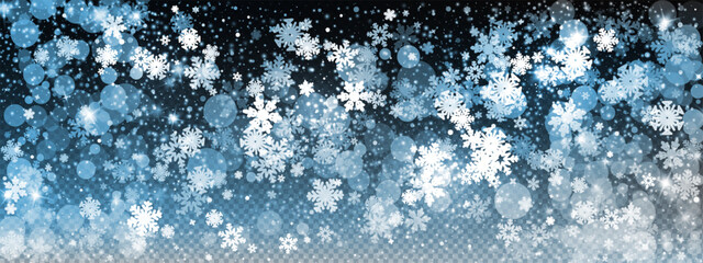 Snow abstract background with winter blue effect and snowflake vector design. Flake ice cold pattern for transparent white overlay. Realistic falling snowy texture.