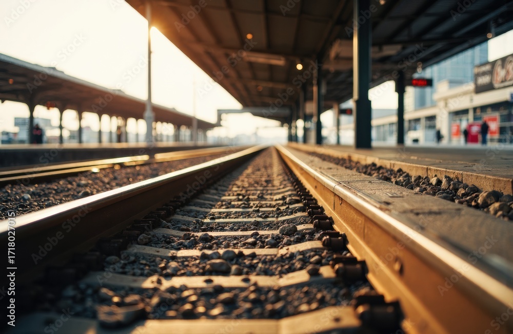 Poster empty train station platform with railway tracks extending into the distance during sunset