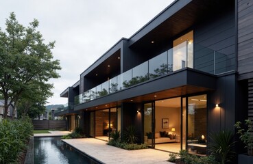 Obraz premium Modern luxury house with large glass windows and outdoor pool area
