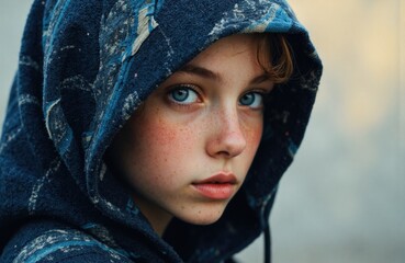 A young girl with striking blue eyes wearing a dark hooded jacket with a paint-splattered pattern