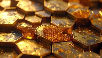 Close-up of metallic honeycomb structure with golden hues and hexagonal cells filled with honey-like substance, featuring intricate inner patterns and reflective lighting, symbolizing natural geometry