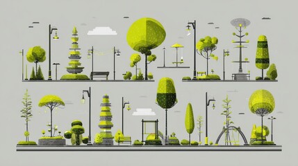 Stylized illustration depicting various trees, lights, benches, and pathways in a minimalist park setting