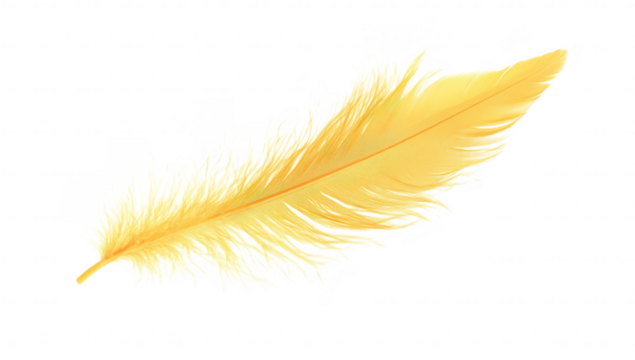 A yellow feather with delicate. wispy strands gently resting against a pristine white background. evoking a sense of lightness and tranquility. suitable for artistic or nature-themed projects
