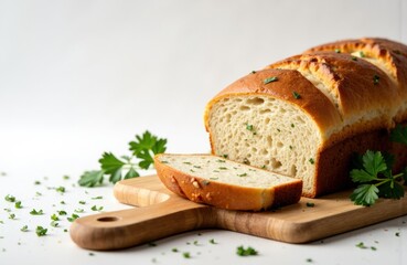 Fresh garlic bread loaf sliced on a wooden cutting board with herbs and parsley for garnish