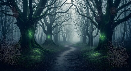 Obraz premium Eerie forest path beckons with glowing moss and ghostly spiderwebs, ideal for Halloween designs, gothic art, or mysterious fantasy book covers