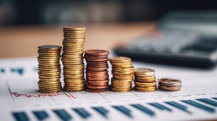 Stacks of coins on a financial graph with a calculator in the background.