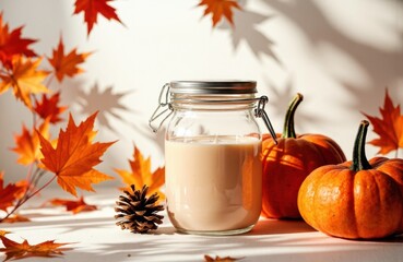 Pumpkin and autumn leaves surrounding a glass jar of creamy beverage on a white surface