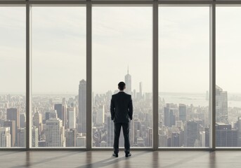 Fototapeta premium A solitary businessman stands gazing at a sprawling metropolis from a towering skyscraper s expansive glass window overlooking the urban landscape below