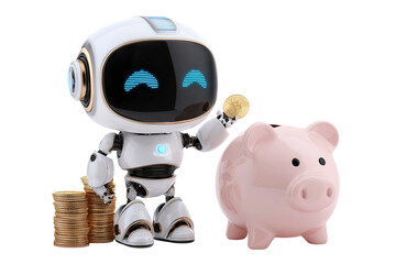 A smiling futuristic 3D robot places a gold coin into a piggy bank. Concepts include thrift, financial savings, investments, cryptocurrency, and digital technologies in banking. PNG