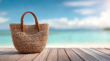 A woven straw beach bag on a wooden deck with a blurred ocean background.