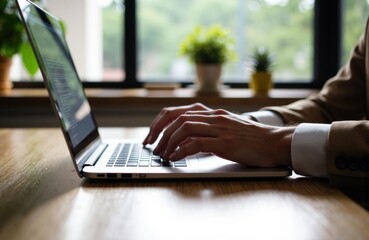 Person typing on a laptop at a wooden desk in a bright office environment