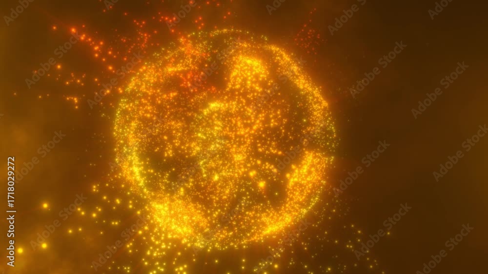 Poster exploding abstract sphere made of glowing orange and yellow particles