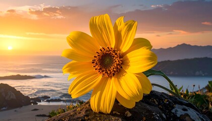 Golden flower at sunset over the ocean