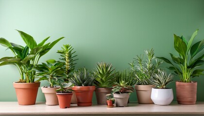 Obraz premium Varied Indoor Potted Plants Against A Light Green Background