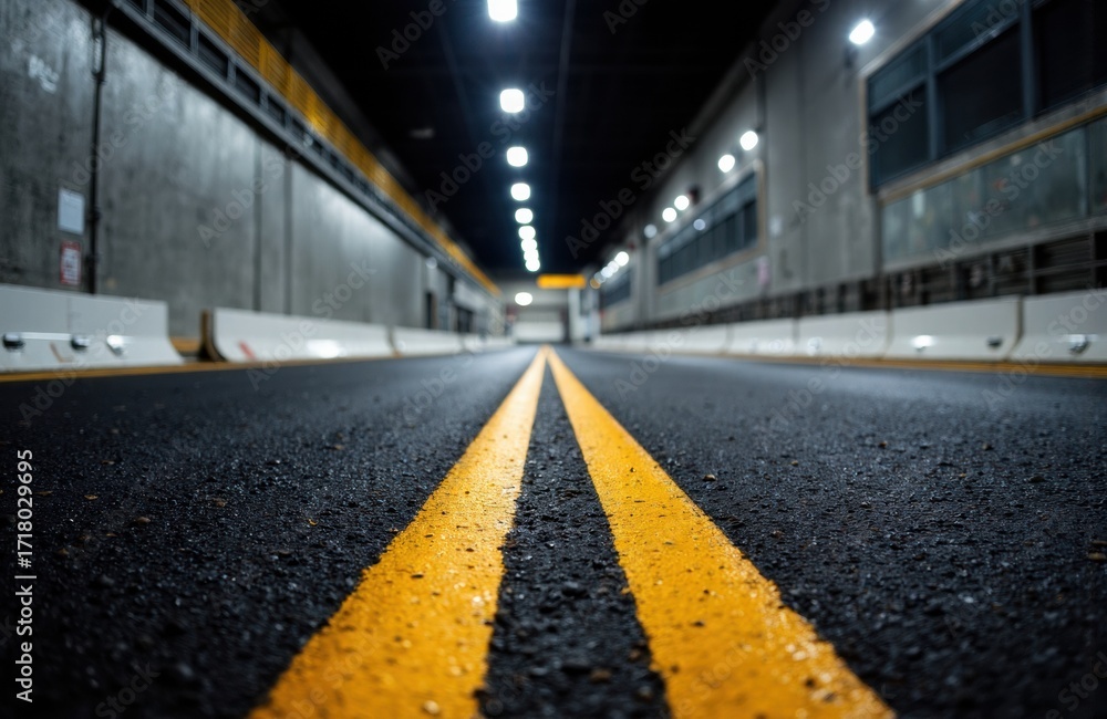 Poster empty underground tunnel with bright overhead lights and yellow road markings creating depth and per
