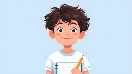 Cute young boy with curly hair holding a pencil and notebook on a light blue background in cartoon style