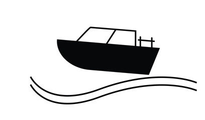 Simple black silhouette of a speedboat on wavy water