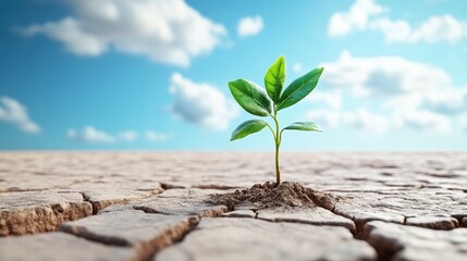 Resilient Green Plant Growing from Dry Cracked Soil Against Blue Sky and Fluffy Clouds, Symbolizing Hope and Environmental Change