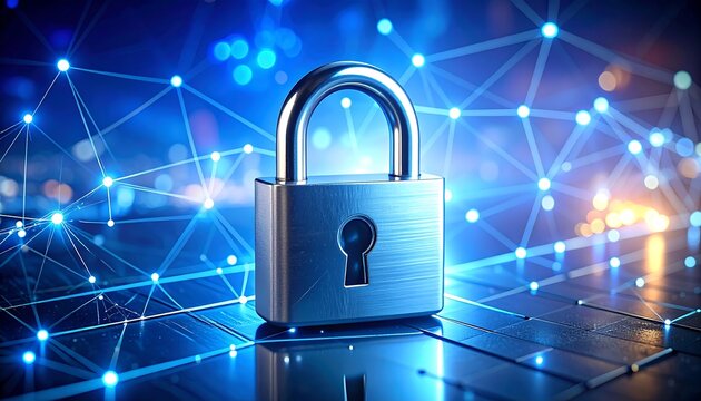Metallic padlock placed on computer keyboard with glowing digital network of interconnected nodes and lines in background, symbolizing cybersecurity, encryption, and data protection in a connected wor