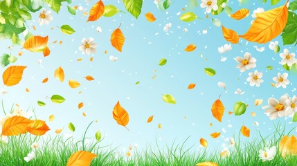 Naklejka premium Autumn leaves falling on grass