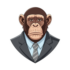 Chimpanzee in a suit isolated on white background looking serious and sad