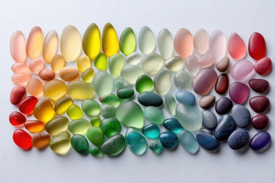 Colorful Sea Glass Collection Arranged in a Vibrant Rainbow Gradient