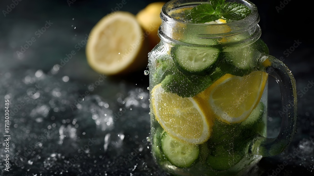 Poster refreshing infused water with lemon cucumber and mint in a mason jar with water splashes and lemons 