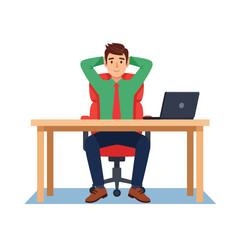 A man relaxing at his desk with a laptop isolated on white background