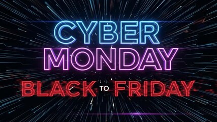 Vibrant neon text announcing Cyber Monday and Black Friday sales with a dynamic background - Powered by Adobe