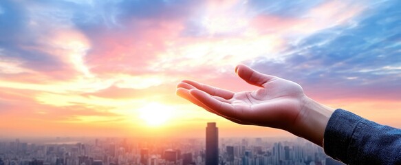 Open Hand with City Skyline at Sunset Offering Hope and Inspiration in a Beautiful Urban Landscape under a Colorful Sky