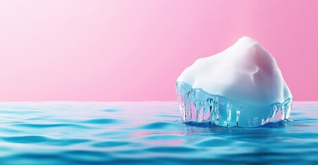 Isolated Iceberg in Calm Water with Soft Pink Background, Reflecting Light and Creating a Serene and Beautiful Visual Experience for Nature Lovers
