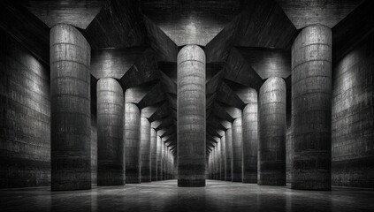 A grayscale perspective of a long, monumental concrete tunnel, illuminated by strategically placed lights, showcasing the imposing grandeur of the structure.