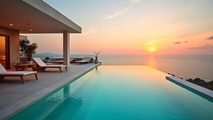 Obraz premium Luxury Villa with Infinity Pool Overlooking Ocean Sunset