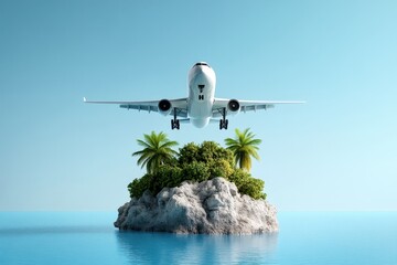 Airplane Takes Off Above Tropical Island Surrounded by Crystal Clear Ocean Waters Under Bright Blue Skies with Lush Green Palm Trees and Rocky Formation