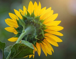 A single, beautiful yellow sunflower blossom blooms bright in the summer sun, its petals radiant against a clear blue sky