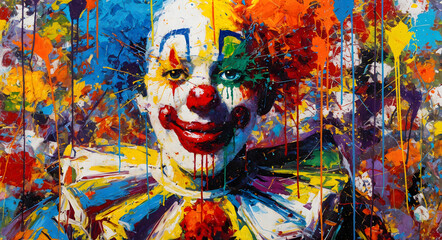 Colorful clown with rainbow hat against vibrant paint splatter background