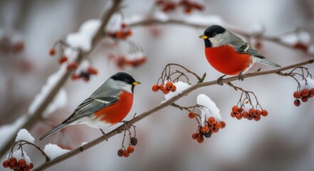 Two Bullfinch Birds Perched on a Snow Covered Rowan Tree Branch in Winter