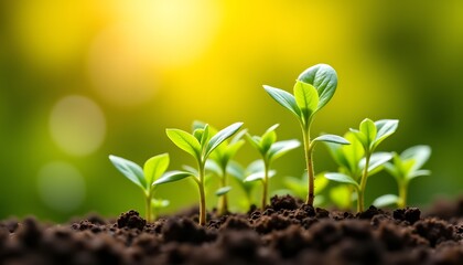 A vibrant cluster of delicate green seedlings reaching towards the warm sunlight, their tiny leaves unfurling in precise symmetry as they soak up the nourishing rays of the sun.