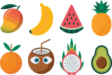 Assortment of Tropical and Common Fruits on White Background Keywords: mango, banana, watermelon