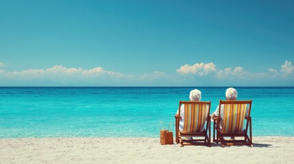 Two elderly individuals sitting on beach chairs by the ocean, enjoying the view.
