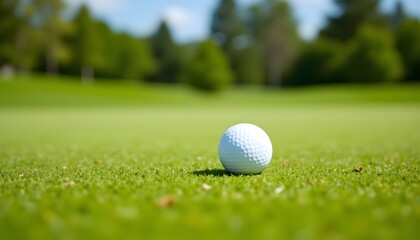 The close up image captures a pristine white golf ball positioned in the vibrant green grass of a well maintained golf course on a sunny day