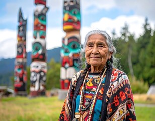 Fototapeta premium Elder woman in traditional attire stands before totem poles